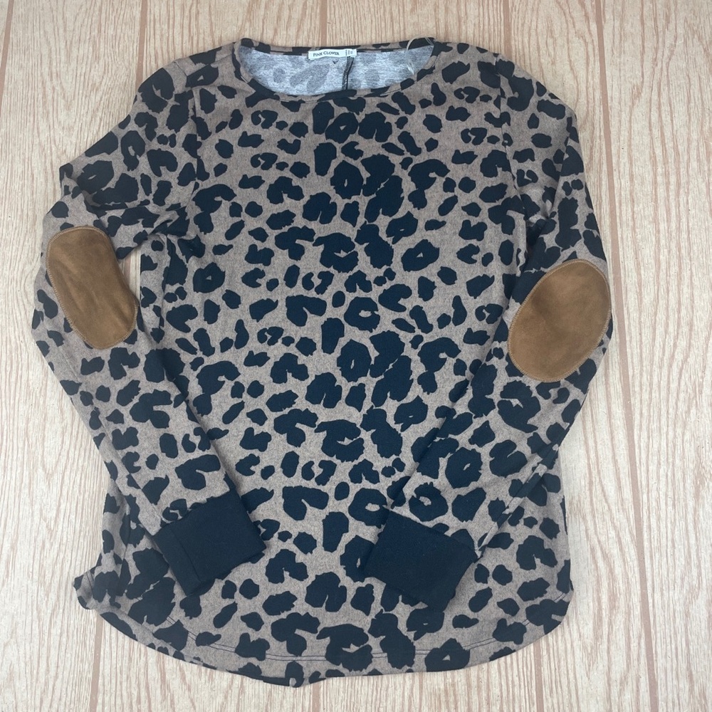 Pink Clover Sweater Leopard Print pullover button down back elbow patches XS